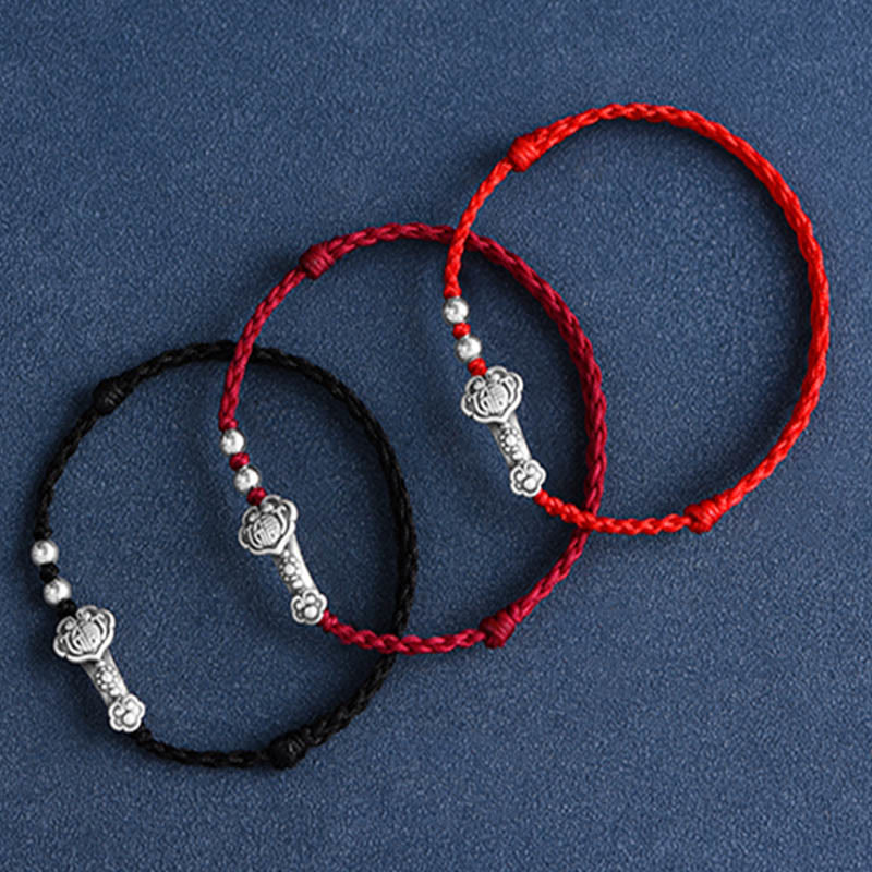 Buddha Stones Handmade 999 Sterling Silver Fu Character Wish Ruyi Handle Fortune Rope Bracelet Anklet