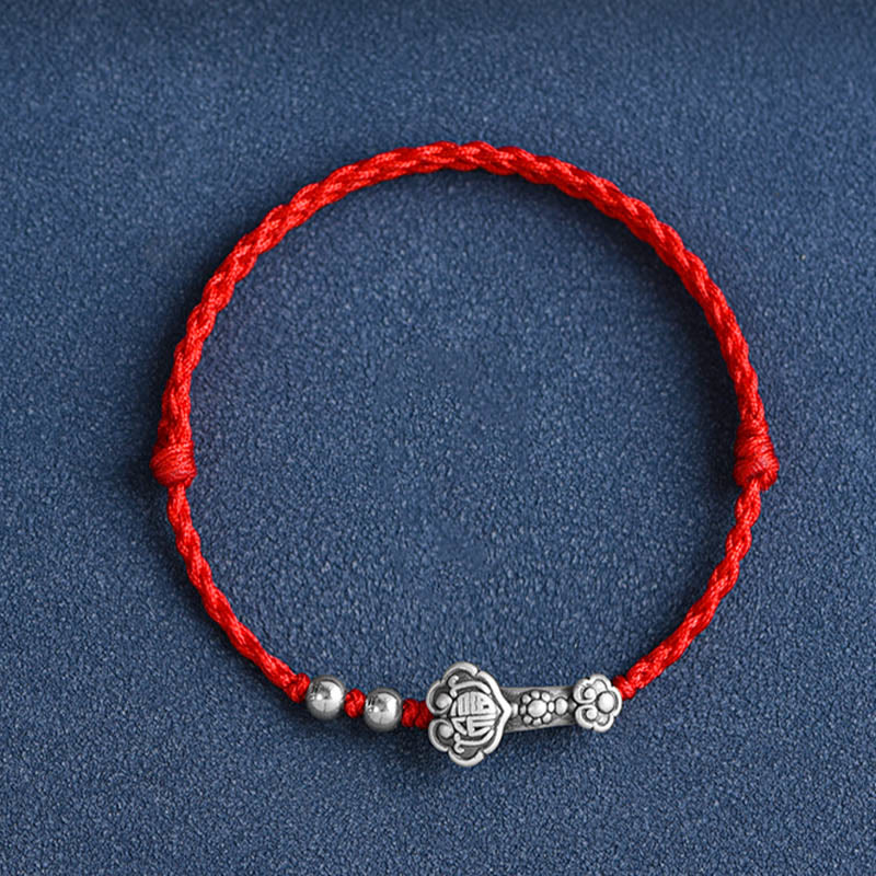 Buddha Stones Handmade 999 Sterling Silver Fu Character Wish Ruyi Handle Fortune Rope Bracelet Anklet