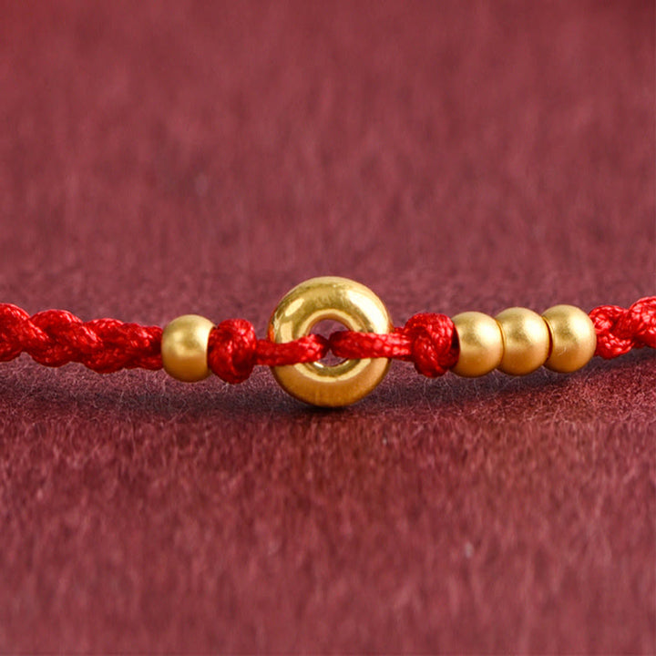 Buddha Stones 999 Gold Small Peace Buckle Design Handmade Luck Braided Rope Bracelet Anklet