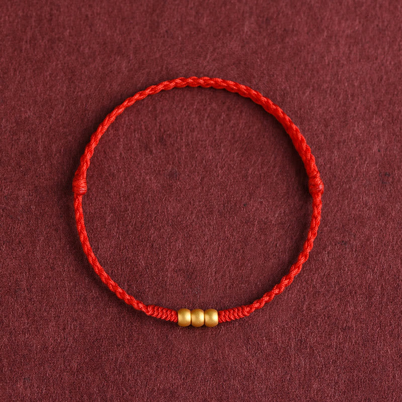Buddha Stones 999 Gold Mini Three Beads Design Handmade Luck Rope Bracelet Anklet - Anklet(Circumference 18-30cm) - Red - image 0