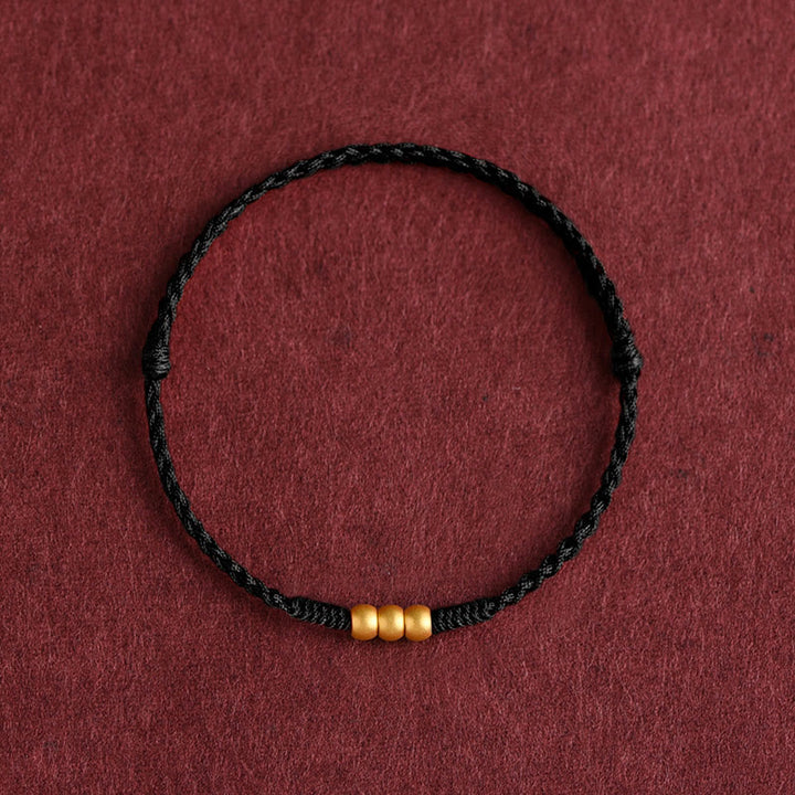 Buddha Stones 999 Gold Mini Three Beads Design Handmade Luck Rope Bracelet Anklet - Anklet(Circumference 18-30cm) - Black - image 9