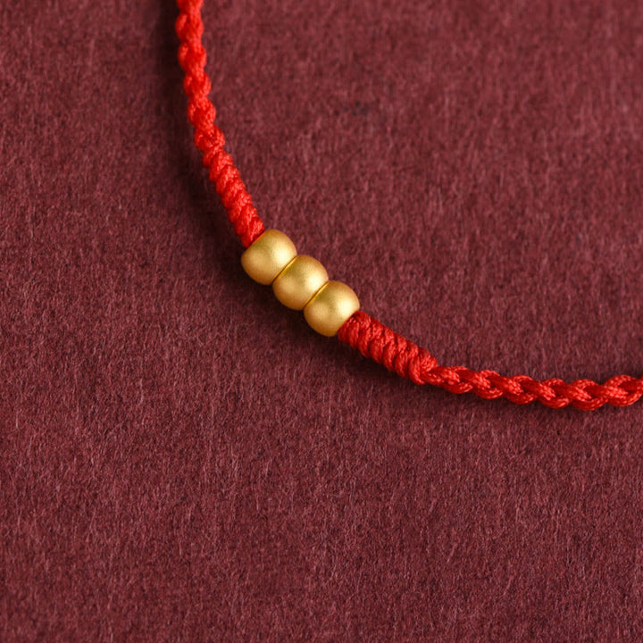 Buddha Stones 999 Gold Mini Three Beads Design Handmade Luck Rope Bracelet Anklet - image 1