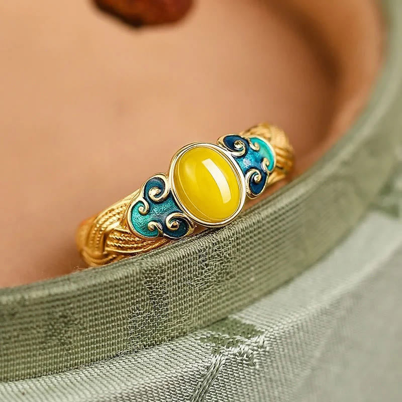 Buddha Stones Amber Copper Auspicious Clouds Focus Adjustable Ring