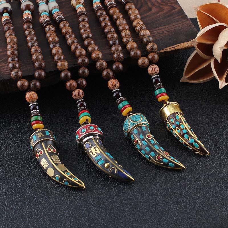 Buddha Stones Tibet Wenge Wood Om Mani Padme Hum OM Symbol Mantra Horn Pattern Protection Necklace Pendant - image 1