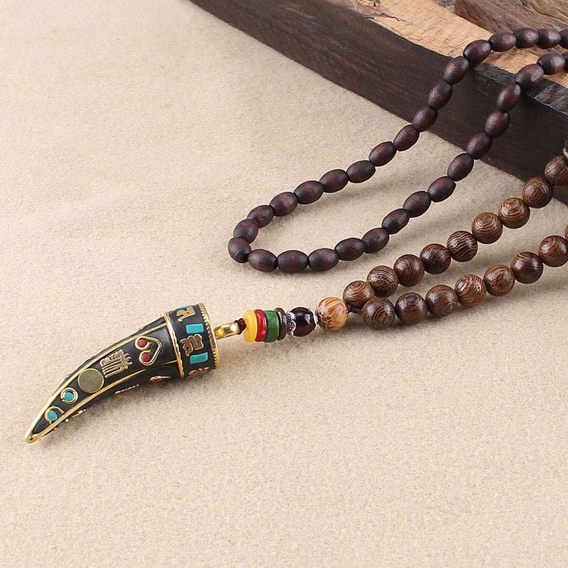 Buddha Stones Tibet Wenge Wood Om Mani Padme Hum OM Symbol Mantra Horn Pattern Protection Necklace Pendant - Wenge Wood&Om Mani Padme Hum - image 2