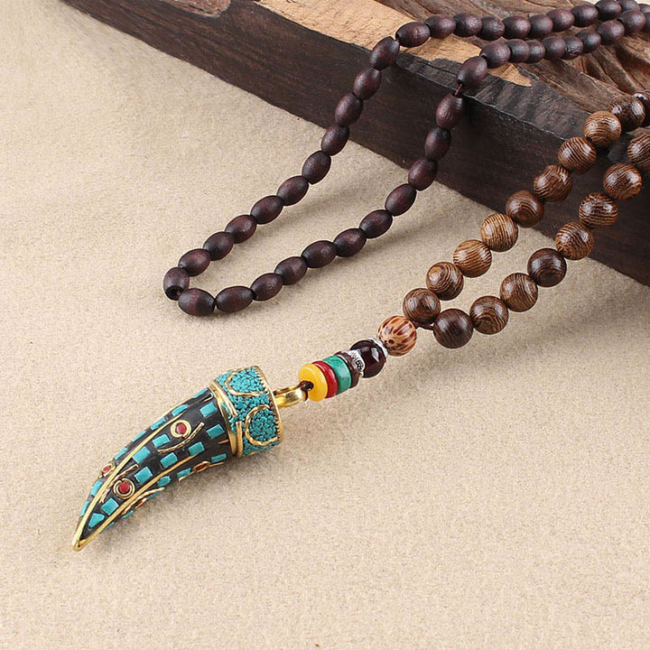 Buddha Stones Tibet Wenge Wood Om Mani Padme Hum OM Symbol Mantra Horn Pattern Protection Necklace Pendant - Wenge Wood&Turquoise - image 10