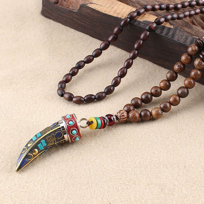 Buddha Stones Tibet Wenge Wood Om Mani Padme Hum OM Symbol Mantra Horn Pattern Protection Necklace Pendant