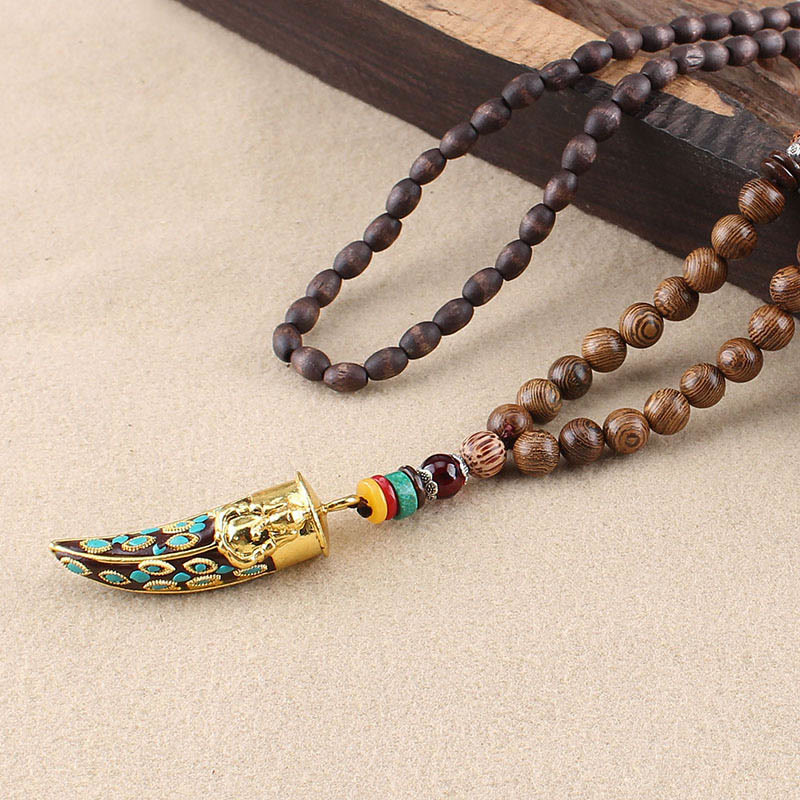 Buddha Stones Tibet Wenge Wood Om Mani Padme Hum OM Symbol Mantra Horn Pattern Protection Necklace Pendant - Wenge Wood&Golden Horn - image 16