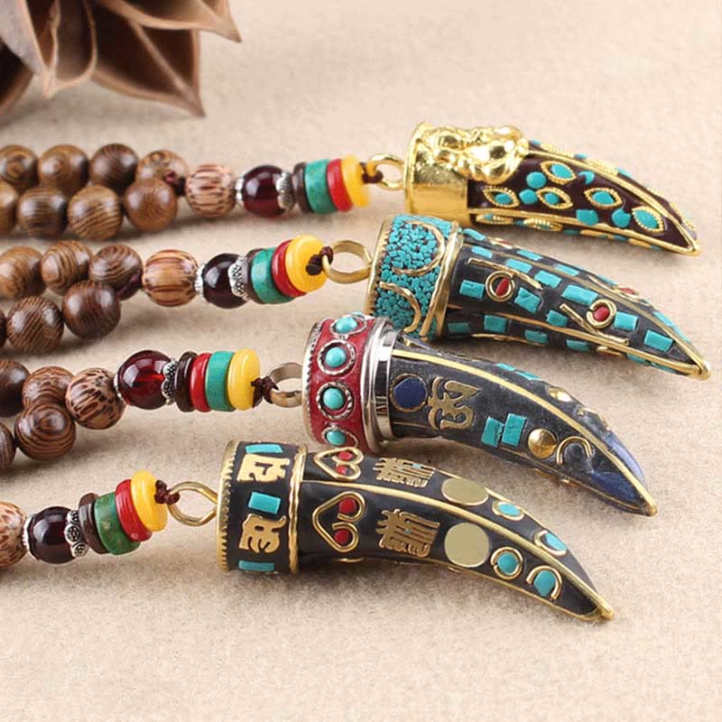 Buddha Stones Tibet Wenge Wood Om Mani Padme Hum OM Symbol Mantra Horn Pattern Protection Necklace Pendant - image 17