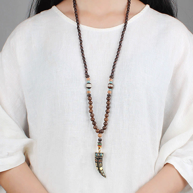 Buddha Stones Tibet Wenge Wood Om Mani Padme Hum OM Symbol Mantra Horn Pattern Protection Necklace Pendant - image 4