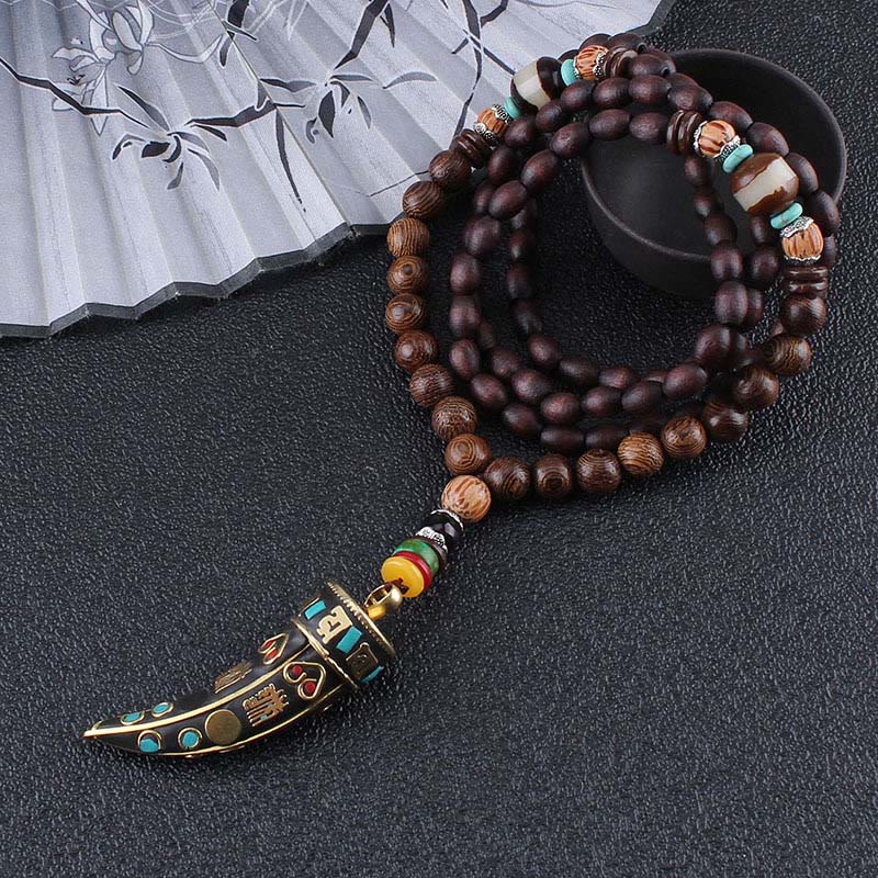 Buddha Stones Tibet Wenge Wood Om Mani Padme Hum OM Symbol Mantra Horn Pattern Protection Necklace Pendant - image 4