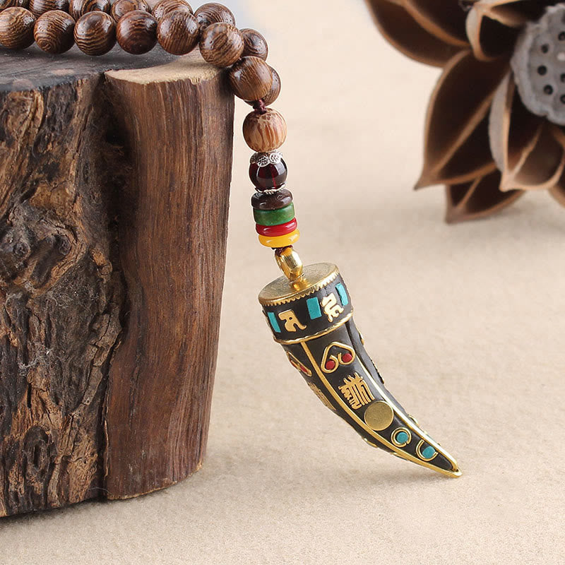 Buddha Stones Tibet Wenge Wood Om Mani Padme Hum OM Symbol Mantra Horn Pattern Protection Necklace Pendant - image 3