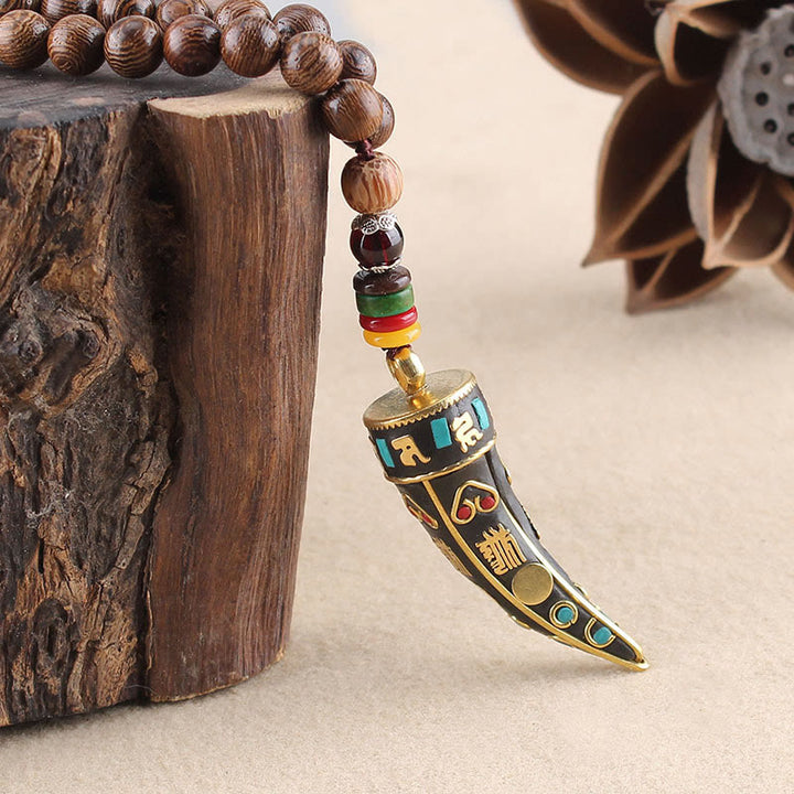 Buddha Stones Tibet Wenge Wood Om Mani Padme Hum OM Symbol Mantra Horn Pattern Protection Necklace Pendant - image 3