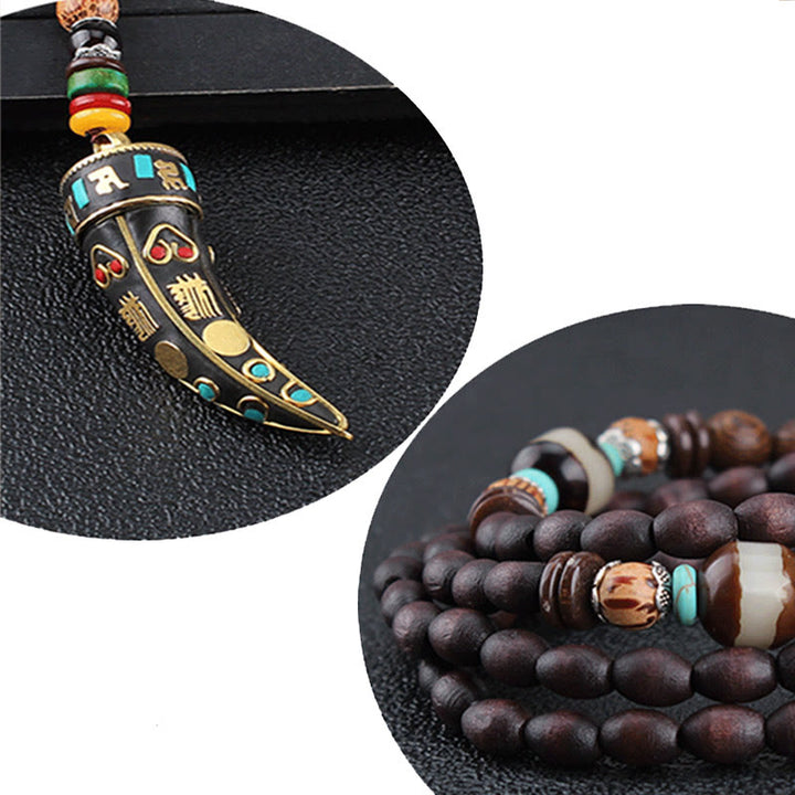 Buddha Stones Tibet Wenge Wood Om Mani Padme Hum OM Symbol Mantra Horn Pattern Protection Necklace Pendant - image 6