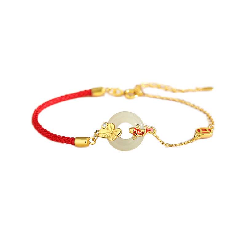 Buddha Stones Handmade 925 Sterling Silver Hetian Jade Chinese Goldfish Peace Buckle Red Rope Bracelet