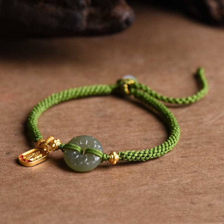 Buddha Stones Green Jade Peace Buckle Green Rope Bracelet