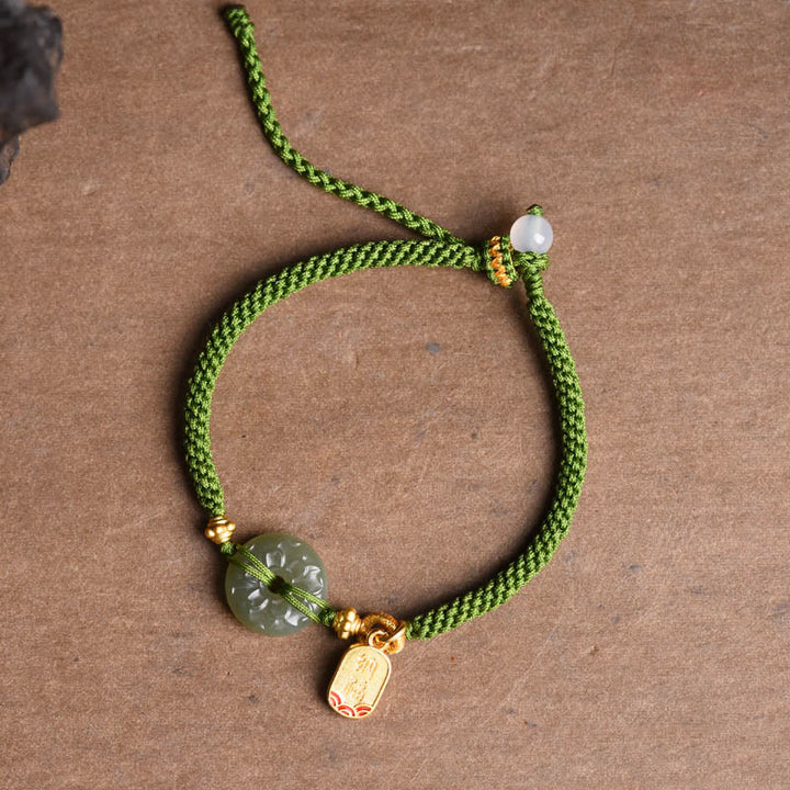 Buddha Stones Green Jade Peace Buckle Green Rope Bracelet