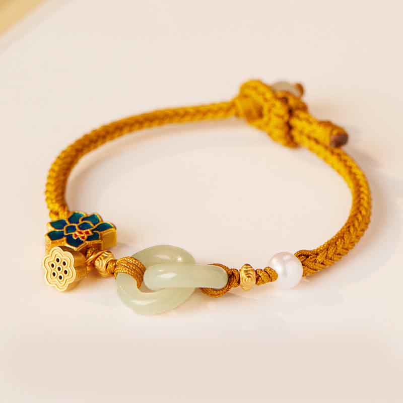 Buddha Stones Hetian Jade Lotus Peace Buckle Braided Rope Fortune Bracelet