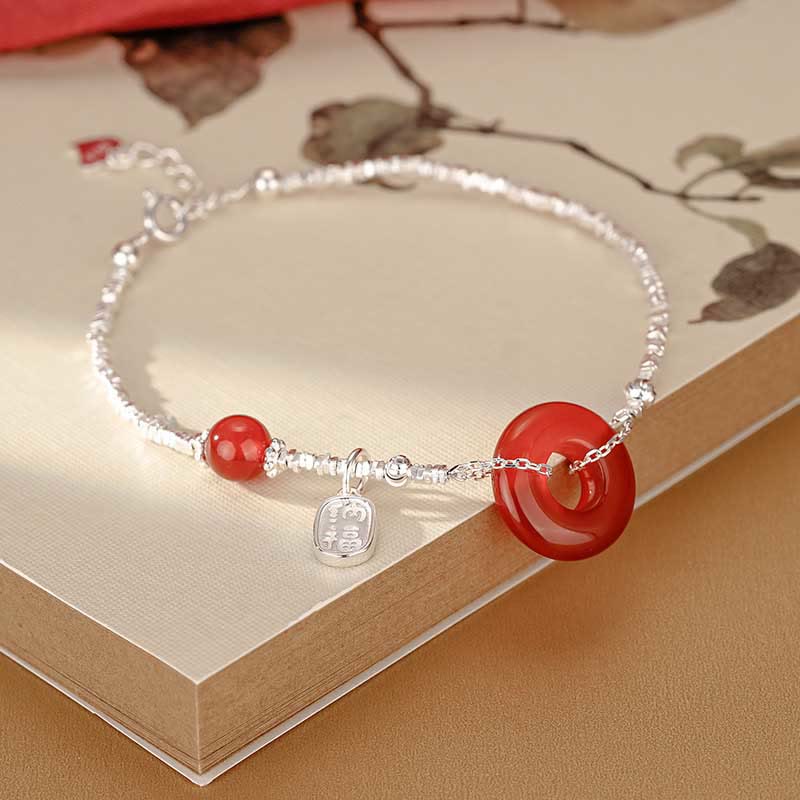 Buddha Stones 925 Sterling Silver Hetian Jade Red Agate Chalcedony Peace Buckle Fu Character Luck Bracelet