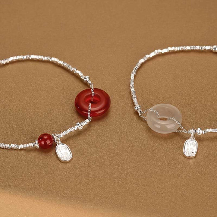 Buddha Stones 925 Sterling Silver Hetian Jade Red Agate Chalcedony Peace Buckle Fu Character Luck Bracelet