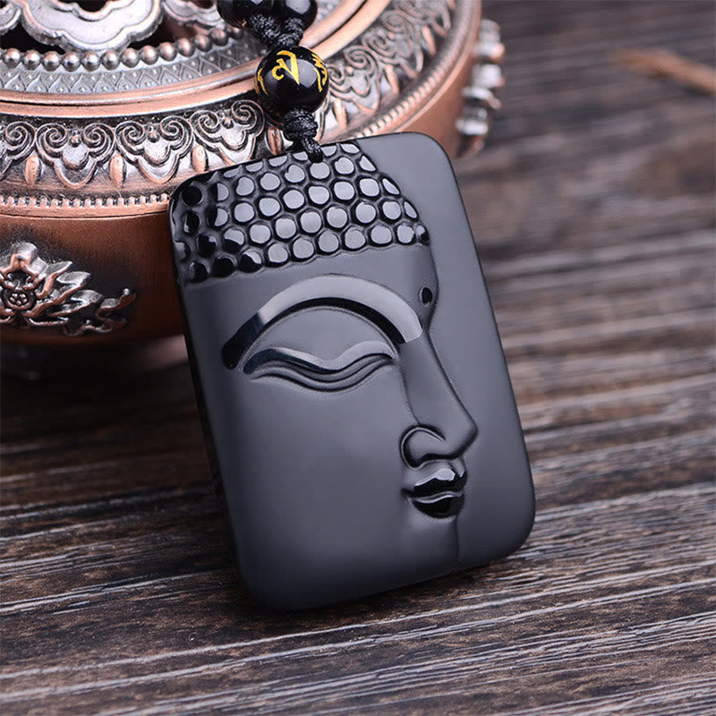 Buddha Stones Natural Black Obsidian Buddha Prayer Purification Luck Pendant Necklace