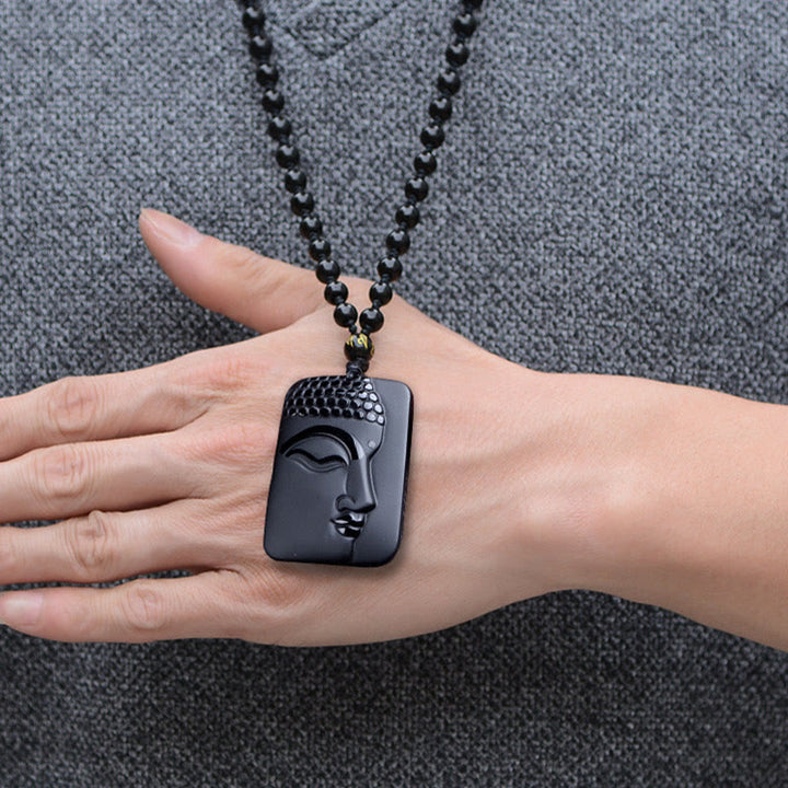 Buddha Stones Natural Black Obsidian Buddha Prayer Purification Luck Pendant Necklace - image 4