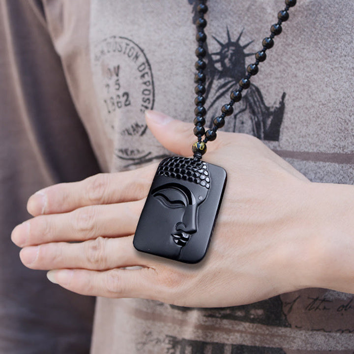Buddha Stones Natural Black Obsidian Buddha Prayer Purification Luck Pendant Necklace - image 10