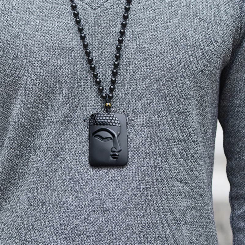 Buddha Stones Natural Black Obsidian Buddha Prayer Purification Luck Pendant Necklace - image 5