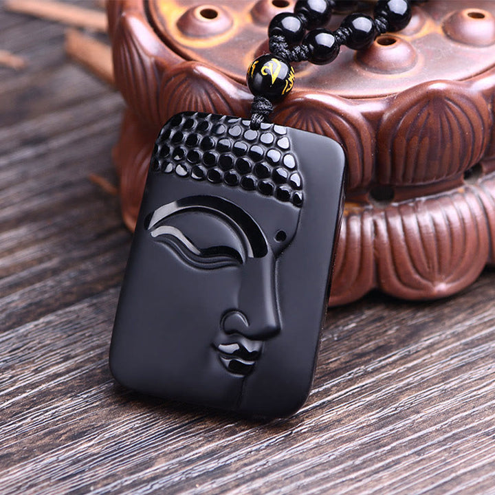 Buddha Stones Natural Black Obsidian Buddha Prayer Purification Luck Pendant Necklace