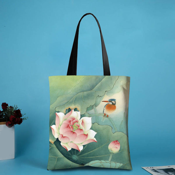 Buddha Stones Handmade Canvas Ink Lotus Koi Fish Shoulder Bag Shopping Bag