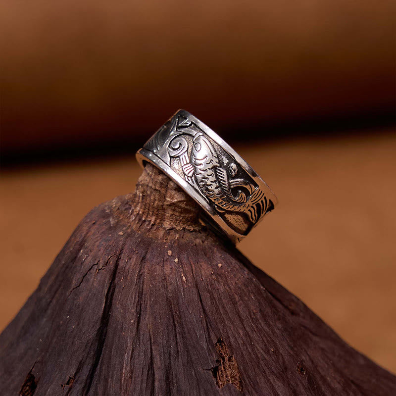 Buddha Stones Koi Fish Heart Sutra Carved Design Luck Wealth Ring