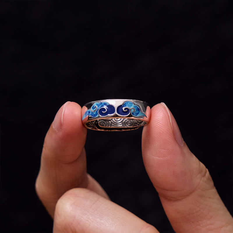 Buddha Stones Blue Auspicious Clouds Pattern Wealth Copper Adjustable Ring