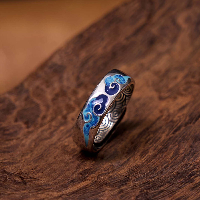 Buddha Stones Blue Auspicious Clouds Pattern Wealth Copper Adjustable Ring