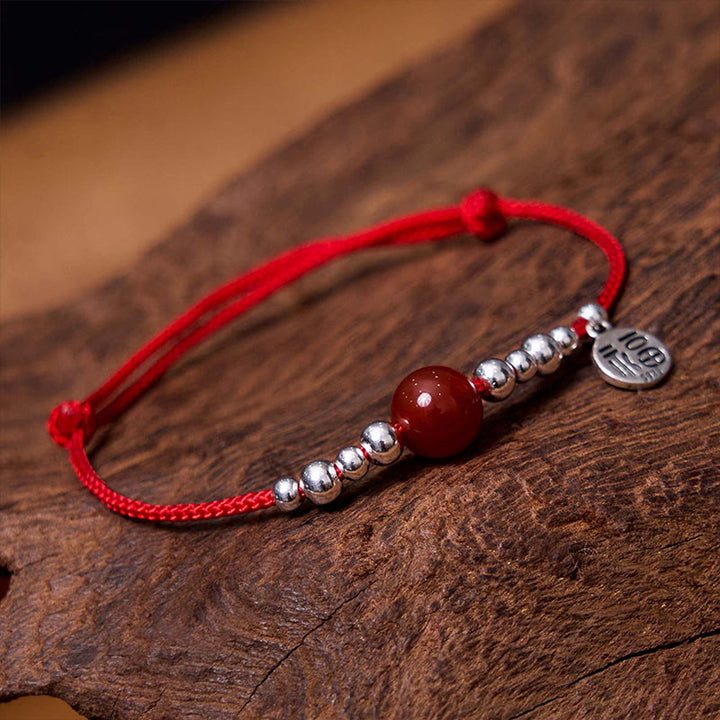 Buddha Stones Handmade 925 Sterling Silver Fu Character Red Agate Fortune Braided Ultra-Thin Rope Bracelet