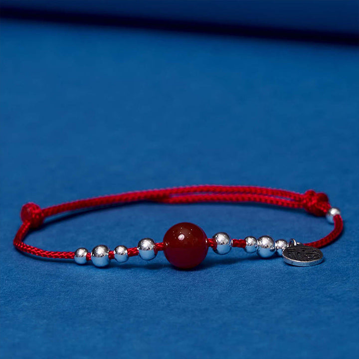 Buddha Stones Handmade 925 Sterling Silver Fu Character Red Agate Fortune Braided Ultra-Thin Rope Bracelet