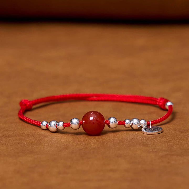 Buddha Stones Handmade 925 Sterling Silver Fu Character Red Agate Fortune Braided Ultra-Thin Rope Bracelet