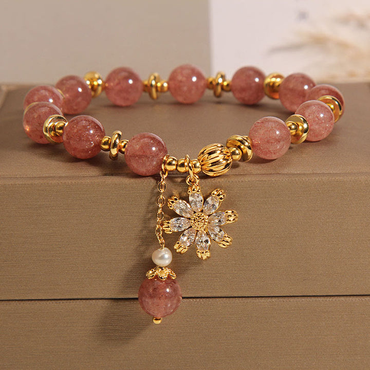 Buddha Stones Natural Strawberry Quartz Crystal Chrysanthemum Pearl Positive Bracelet