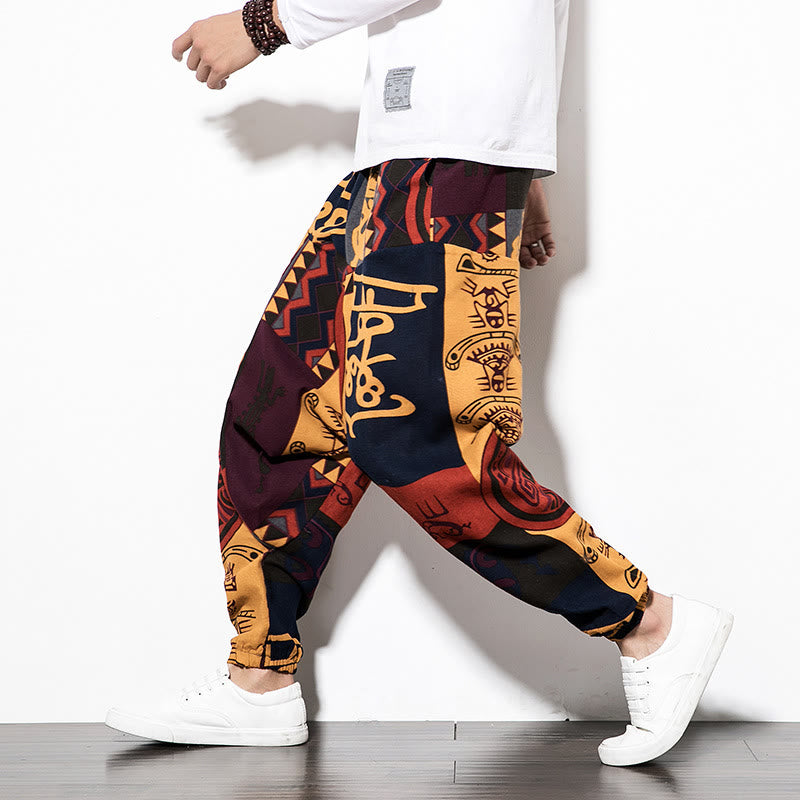 Buddha Stones Red Brown Graffiti Bird Print Cotton Men's Harem Pants With Pockets - SandyBrown - US/UK/AU46，EU56 (5XL)  - image 0