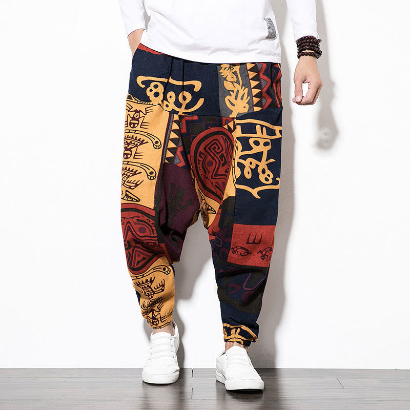 Buddha Stones Red Brown Graffiti Bird Print Men's Harem Pants With Pockets - image 1