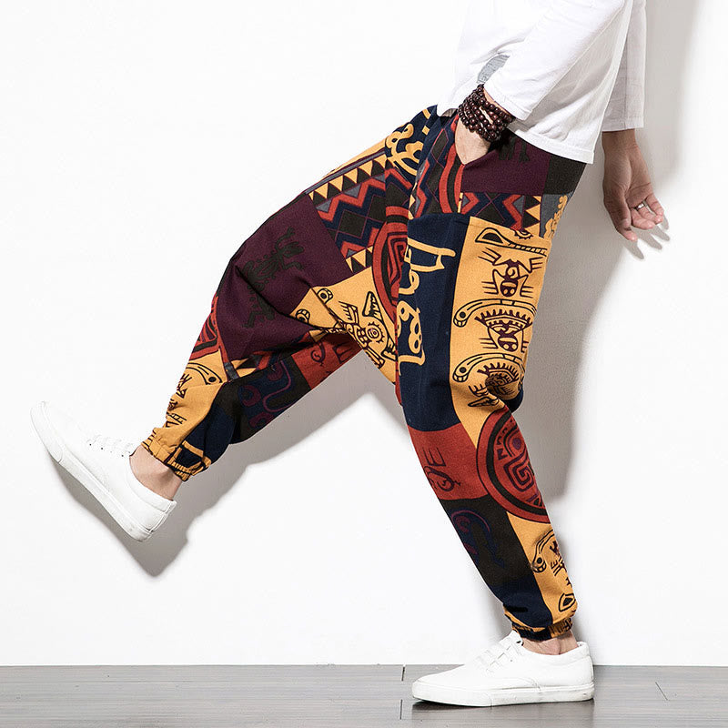 Buddha Stones Red Brown Graffiti Bird Print Cotton Men's Harem Pants With Pockets - image 13