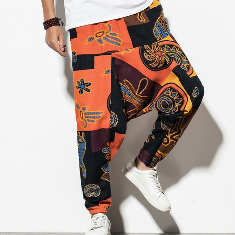 Buddha Stones Red Brown Graffiti Bird Print Cotton Men's Harem Pants With Pockets - DarkOrange - US/UK/AU46，EU56 (5XL)  - image 13