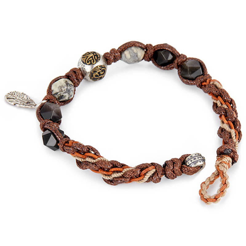Buddha Stones Retro 925 Sterling Silver Silver Sheen Obsidian Transport Rope Handmade Braided Bracelet - image 3
