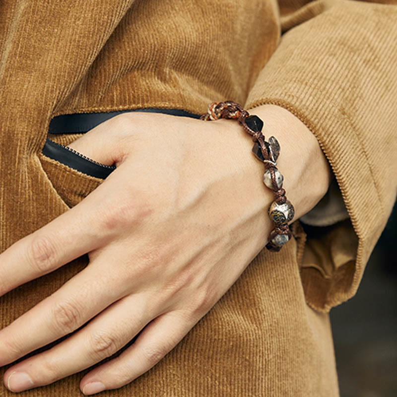 Buddha Stones Retro 925 Sterling Silver Silver Sheen Obsidian Transport Rope Handmade Braided Bracelet - image 11