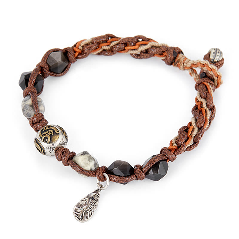 Buddha Stones Retro 925 Sterling Silver Silver Sheen Obsidian Transport Rope Handmade Braided Bracelet - image 10