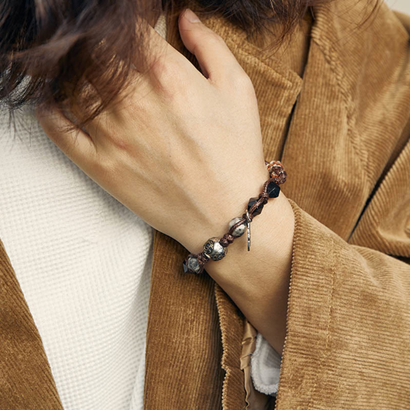 Buddha Stones Retro 925 Sterling Silver Silver Sheen Obsidian Transport Rope Handmade Braided Bracelet - image 12