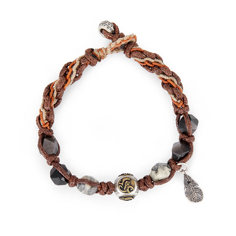 Buddha Stones Retro 925 Sterling Silver Silver Sheen Obsidian Transport Rope Handmade Braided Bracelet