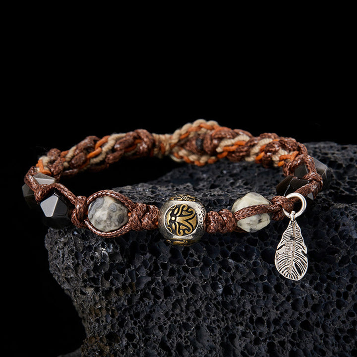 Buddha Stones Retro 925 Sterling Silver Silver Sheen Obsidian Transport Rope Handmade Braided Bracelet - Handmade Braided(Wrist Circumference: 16-18cm) - image 0