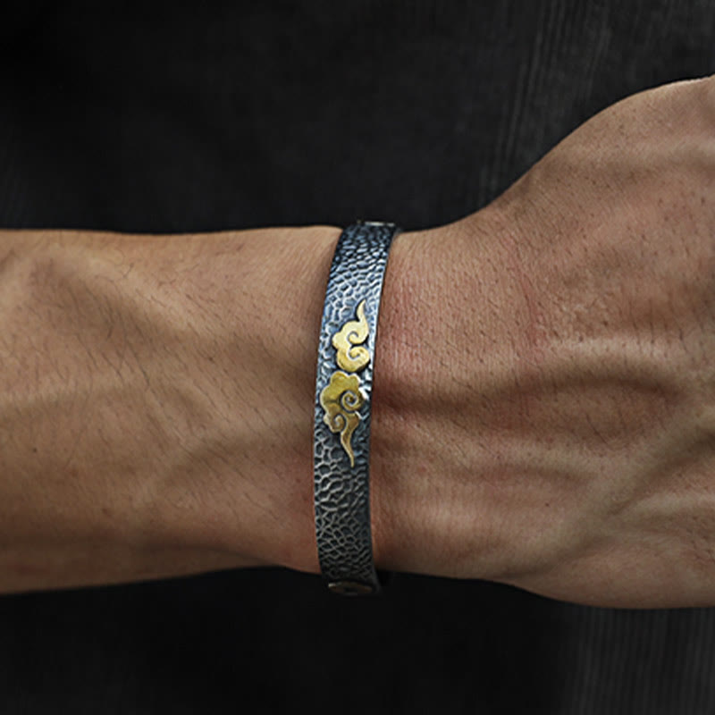 Buddha Stones Retro 999 Sterling Silver Heart Sutra Auspicious Cloud Wealth Cuff Bracelet Bangle - image 5