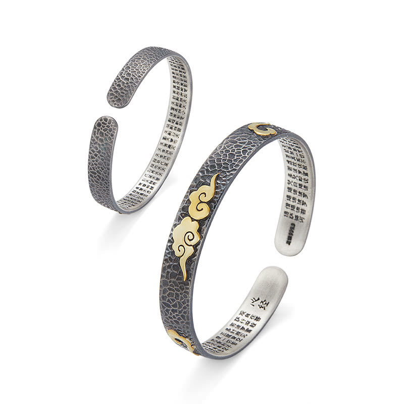 Buddha Stones Retro 999 Sterling Silver Heart Sutra Auspicious Cloud Wealth Cuff Bracelet Bangle - image 3