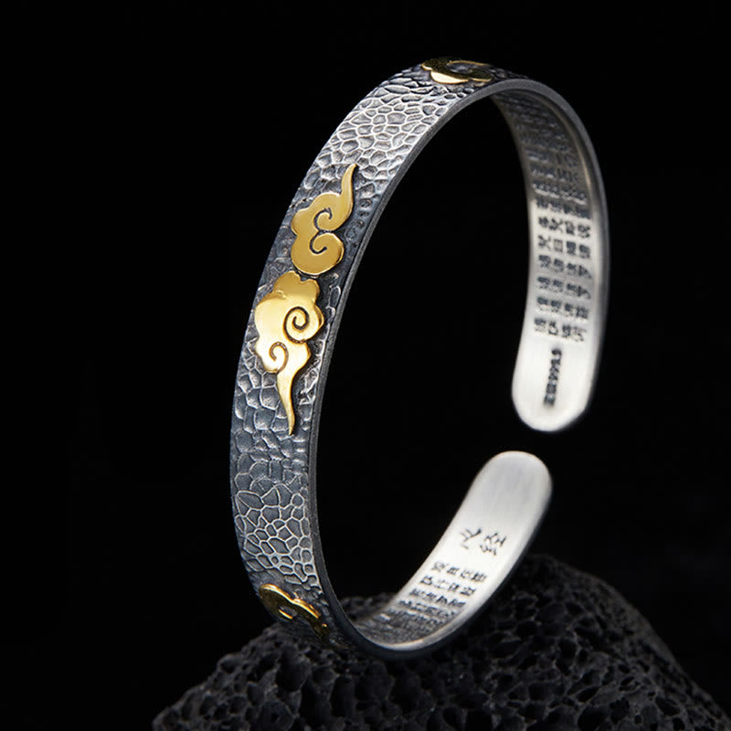 Buddha Stones Retro 999 Sterling Silver Heart Sutra Auspicious Cloud Wealth Cuff Bracelet Bangle - 999 Sterling Silver(Dark)(Wrist Circumference：15-18cm) - image 1
